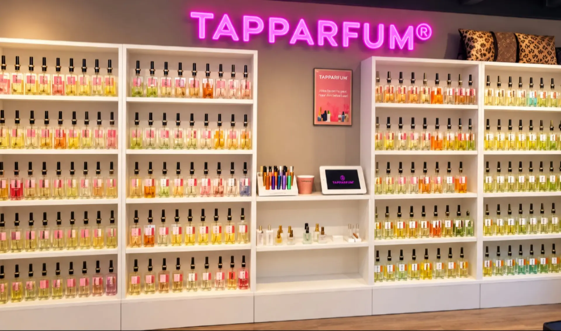De TapParfum opstelling met parfumflessen in de winkel van Tuttebel